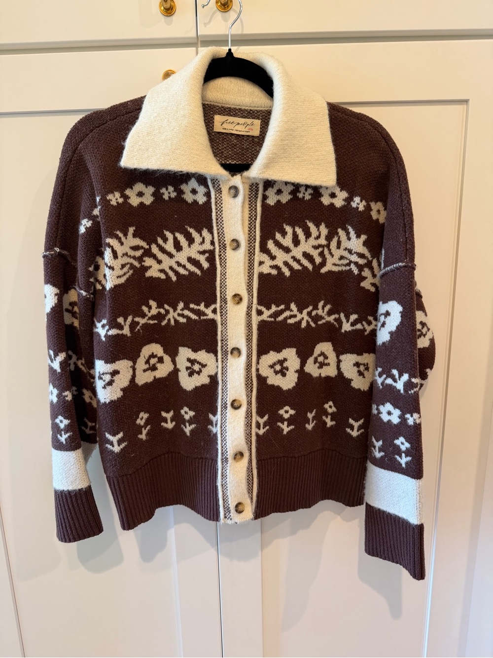 Free People Brown & Cream Floral Knit Button-Front Cardigan